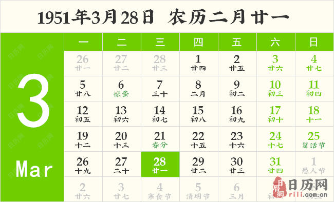 1951年3月28日日历表