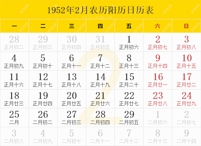 1952年2月农历阳历日历表