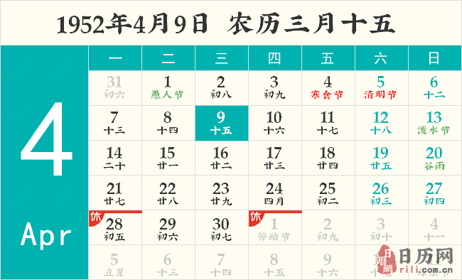 1952年4月9日日历表