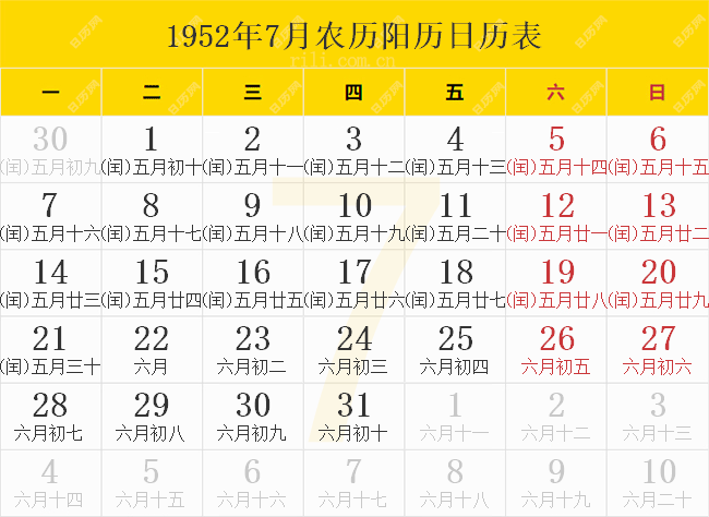 1952年7月农历阳历日历表