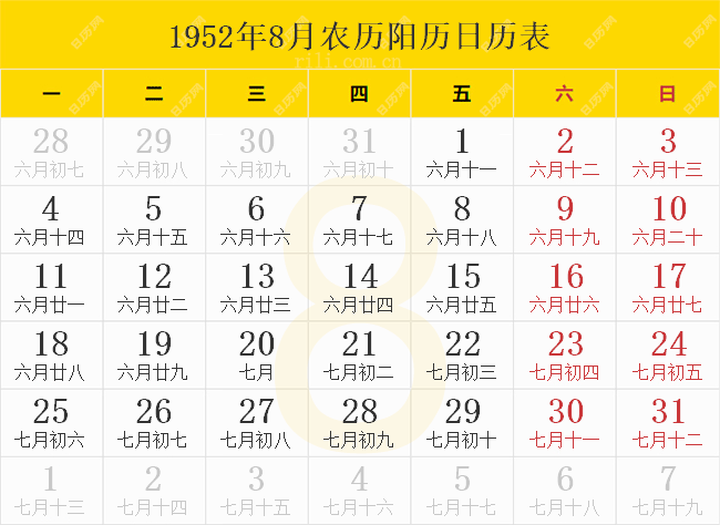 1952年8月农历阳历日历表