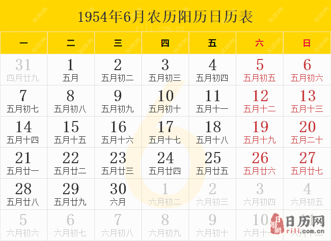 1954年6月农历阳历日历表