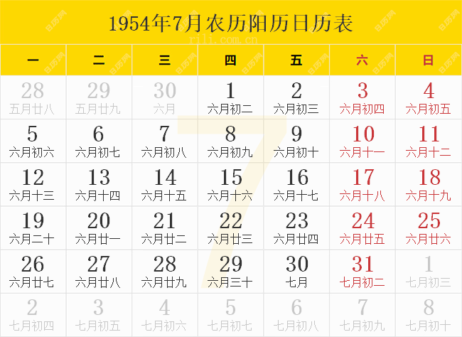 1954年7月农历阳历日历表