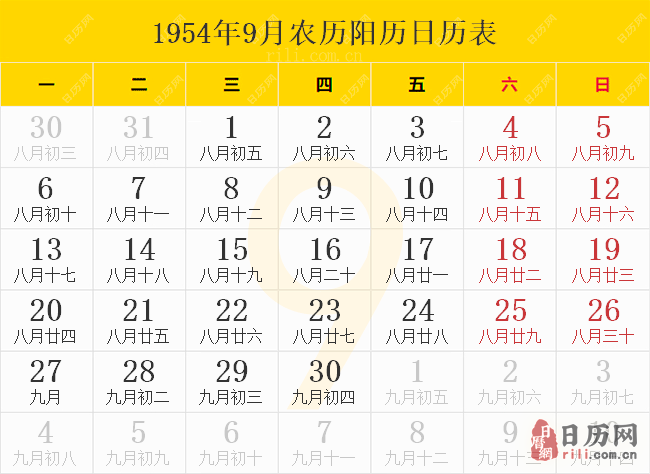 1954年9月农历阳历日历表