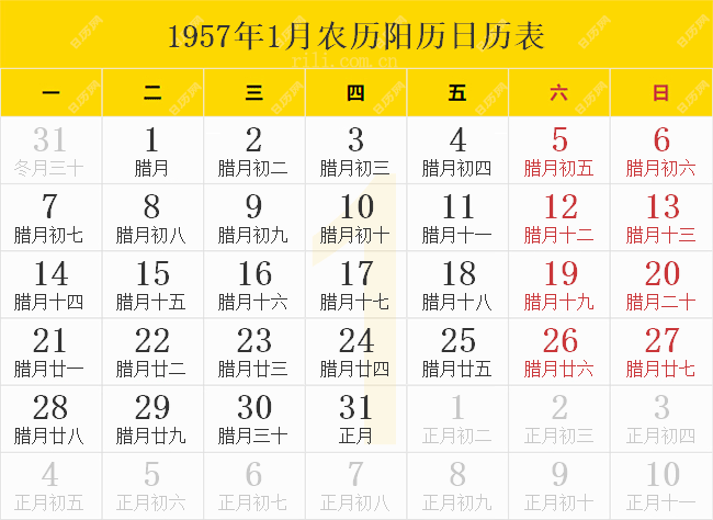 1957年1月农历阳历日历表