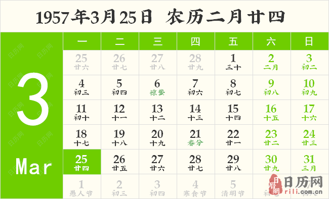 1957年3月25日日历表