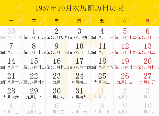 1957年10月农历阳历日历表