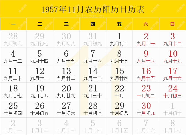 1957年11月农历阳历日历表