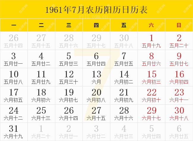 1961年7月农历阳历日历表