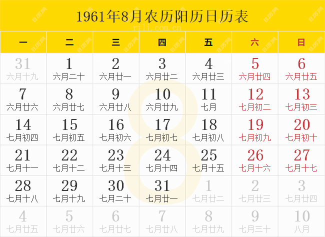 1961年8月农历阳历日历表