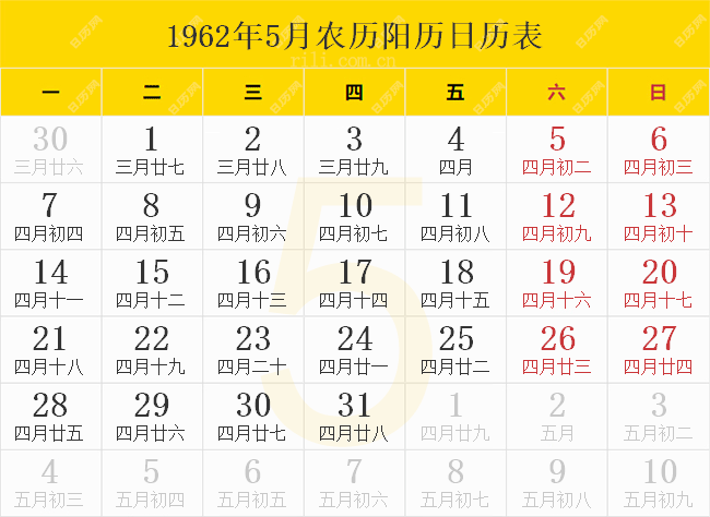 1962年5月农历阳历日历表