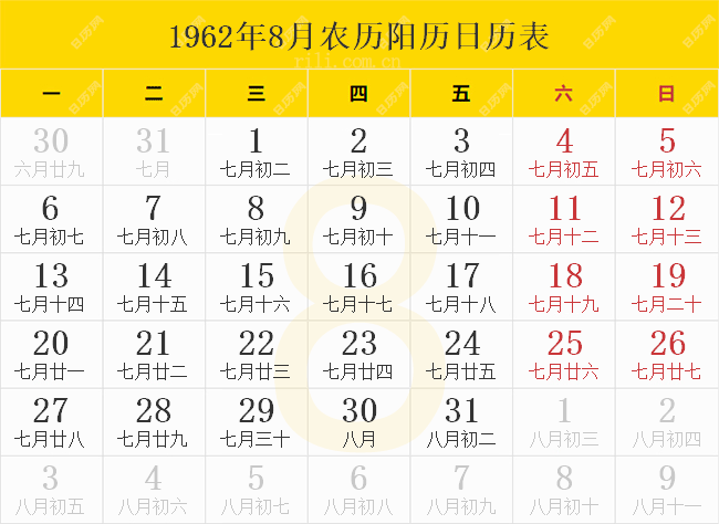 1962年8月农历阳历日历表