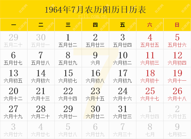 1964年7月农历阳历日历表