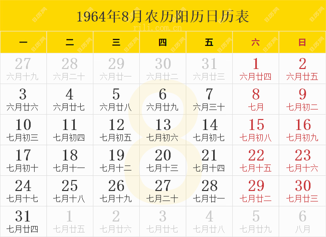 1964年8月农历阳历日历表