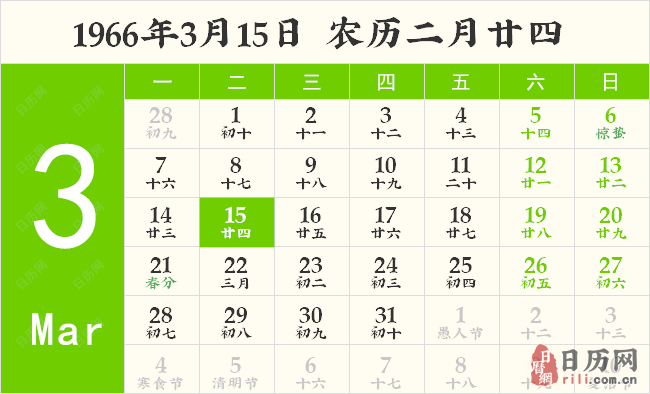 1966年3月15日日历表