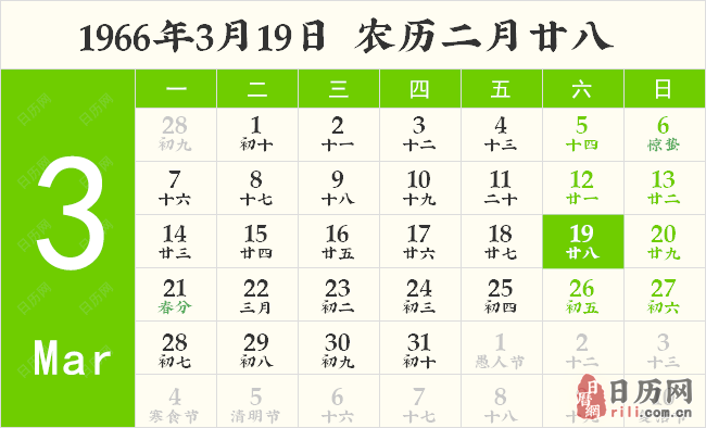 1966年3月19日日历表