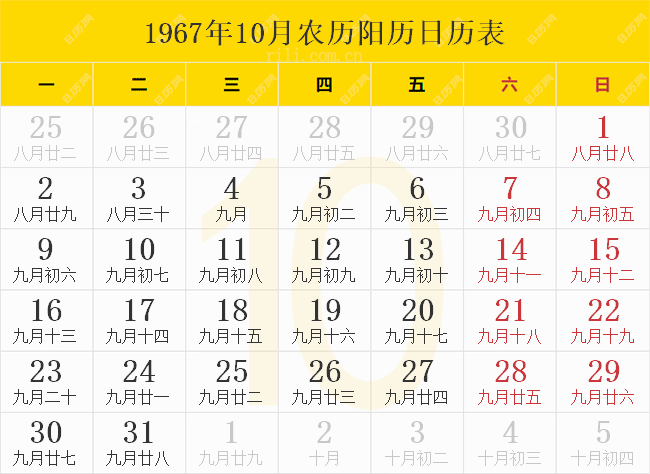 1967年10月农历阳历日历表