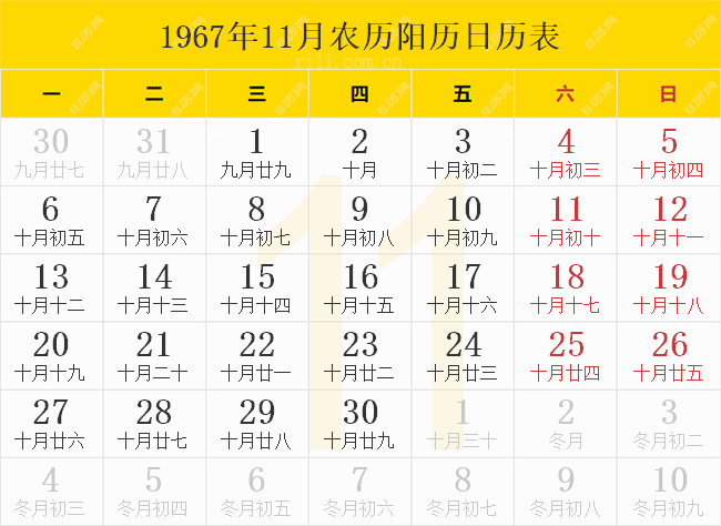 1967年11月农历阳历日历表