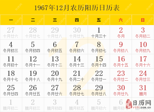 1967年12月农历阳历日历表