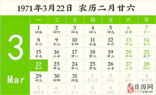 1971年3月22日日历表