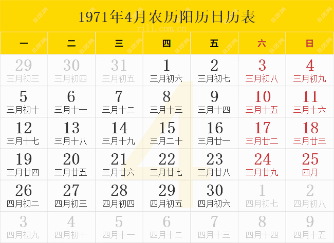1971年4月农历阳历日历表