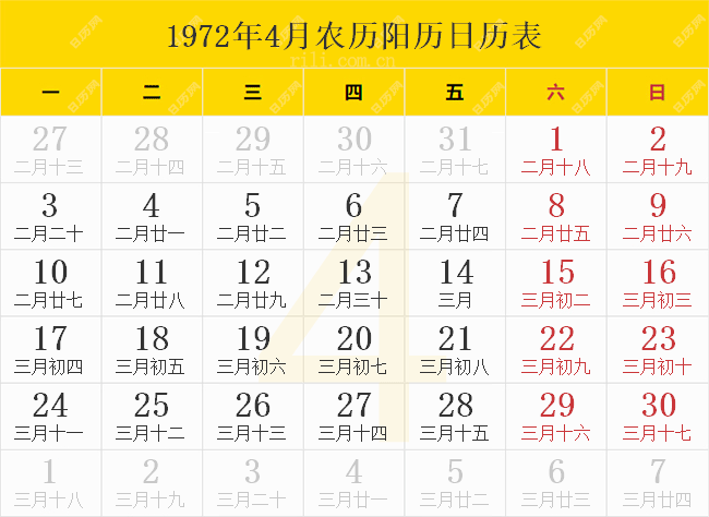 1972年4月农历阳历日历表