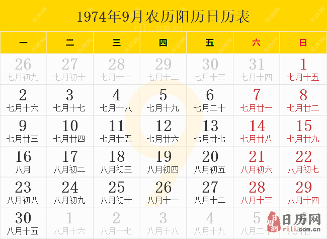 1974年9月农历阳历日历表