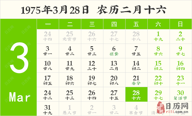 1975年3月28日日历表