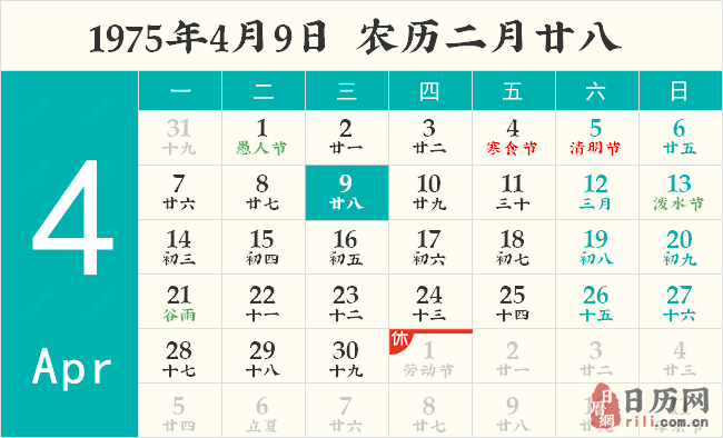 1975年4月9日日历表