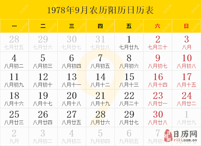 1978年9月农历阳历日历表