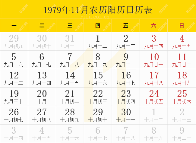 1979年11月农历阳历日历表