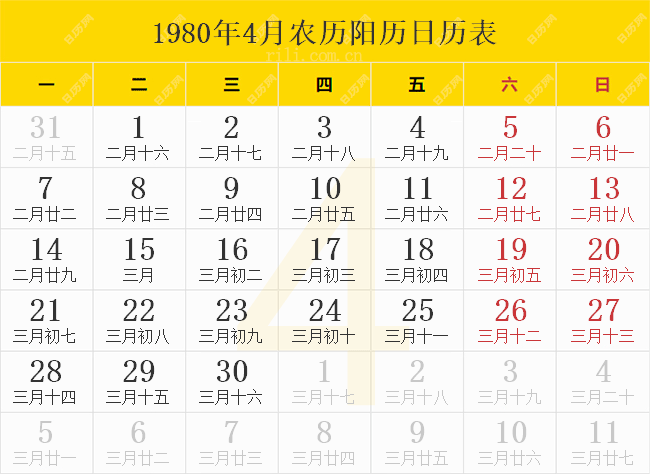 1980年4月农历阳历日历表
