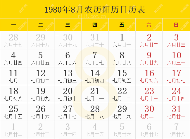 1980年8月农历阳历日历表