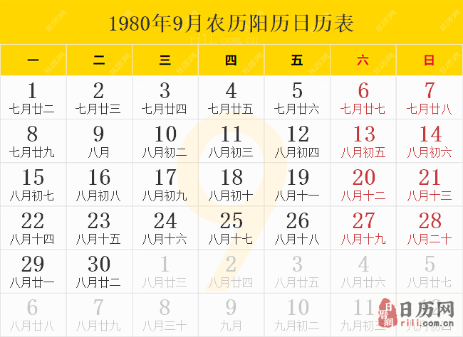 1980年9月农历阳历日历表