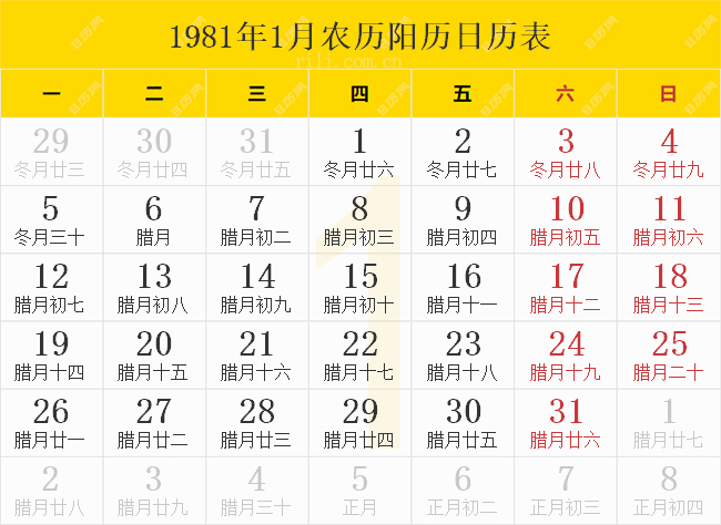 1981年1月农历阳历日历表