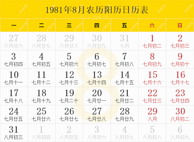 1981年8月农历阳历日历表