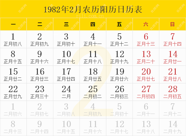1982年2月农历阳历日历表