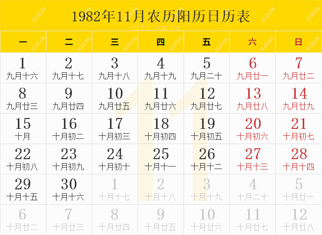 1982年11月农历阳历日历表