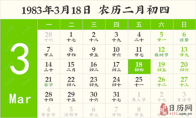 1983年3月18日日历表