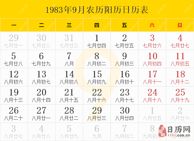 1983年9月农历阳历日历表