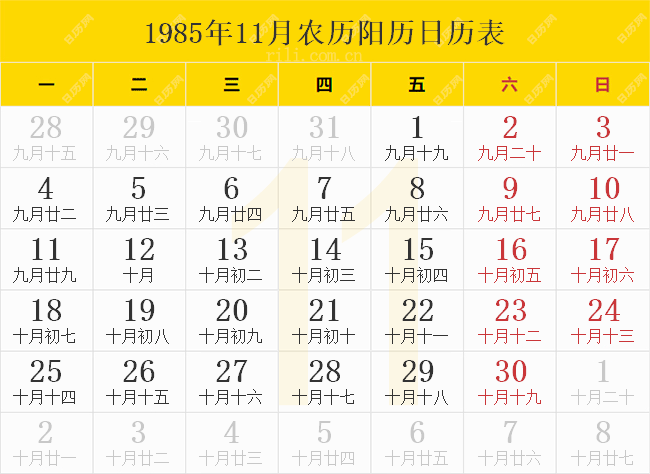 1985年11月农历阳历日历表