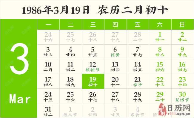 1986年3月19日日历表