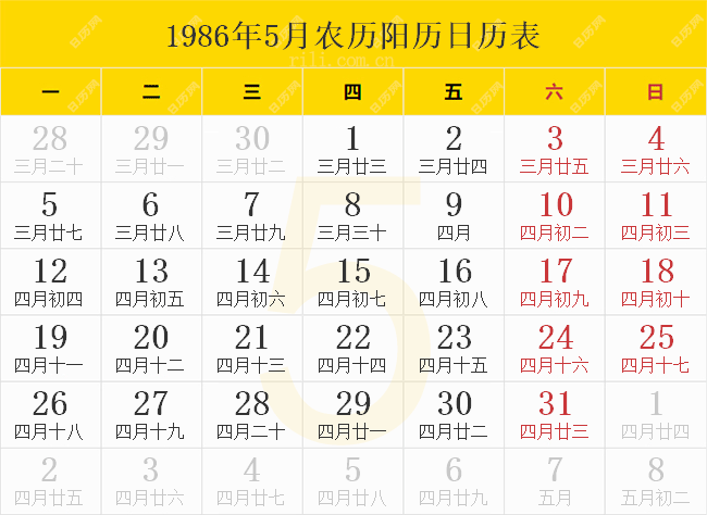 1986年5月农历阳历日历表