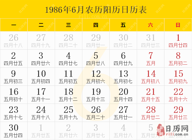 1986年6月农历阳历日历表
