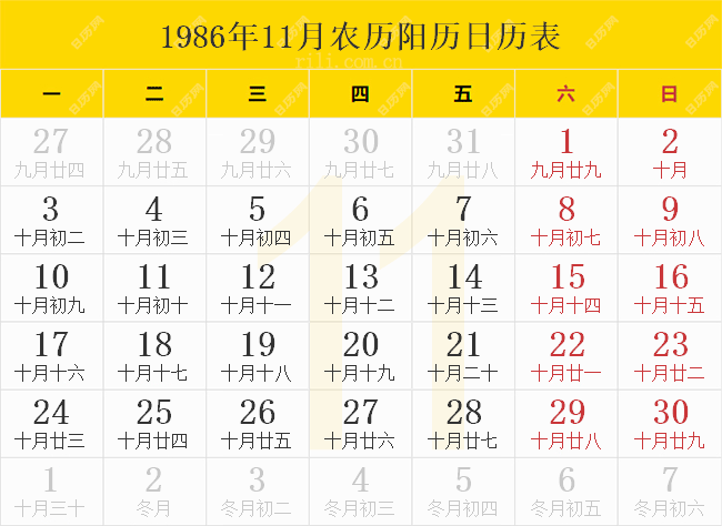 1986年11月农历阳历日历表