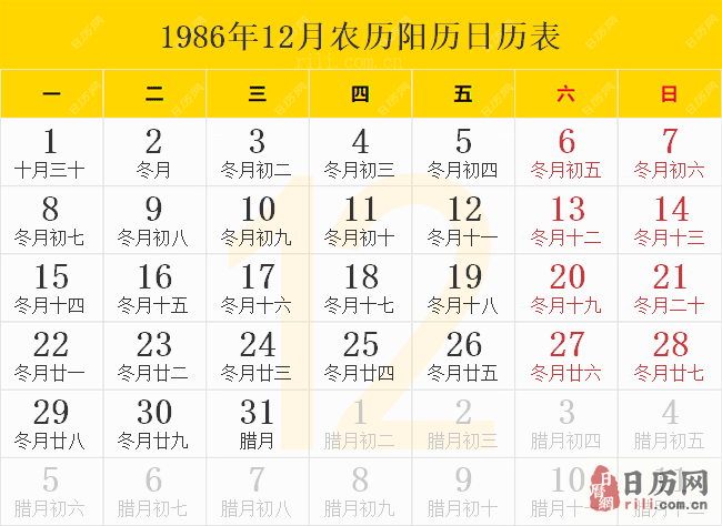 1986年12月农历阳历日历表