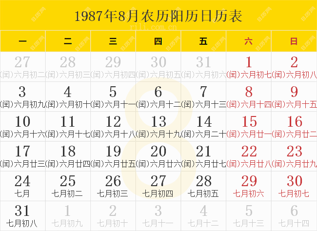 1987年8月农历阳历日历表
