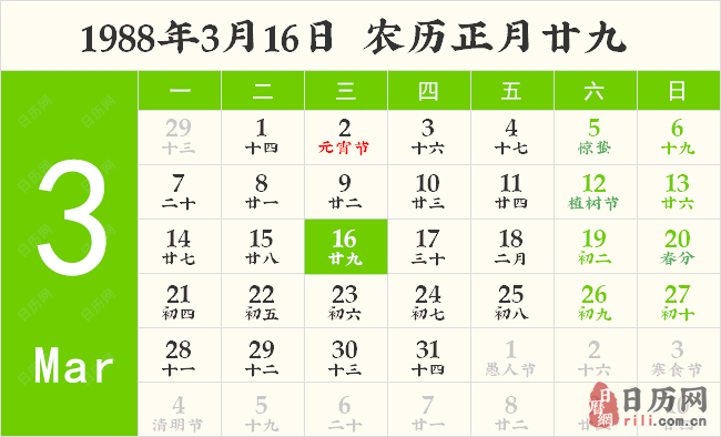 1988年3月16日日历表