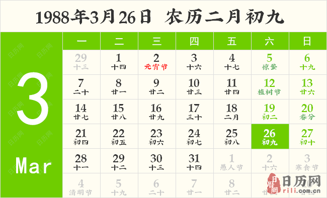 1988年3月26日日历表