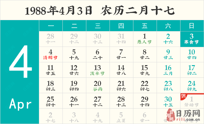 1988年4月3日日历表